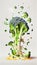 Group of Green Broccoli Vegetable Creatively Falling-Dripping Flying or Splashing on White Background AI Generative