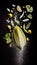 Group of Green Endive Lettuce Vegetable Creatively Falling-Dripping Flying or Splashing on Black Background AI Generative