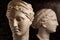Group gypsum busts of ancient statues human heads for artists on a dark background. Plaster sculptures of antique people