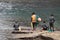 Group of Haenyo divers going at sea, Jeju Island, South Korea.