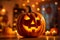 A group of Halloween pumkins jack o\\\' lantern and candle on the floor, Happy Halloween decorations in the house.