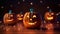 A group of Halloween pumkins jack o\\\' lantern on the floor and glowing light, Happy Halloween decorations in the house