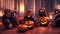 A Group Of Halloween Pumpkins Sitting On Top Of A Wooden Floor. Generative AI