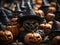 a group of halloween pumpkins with witches hats on them