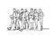 Group Of Hand Drawn Business People Walking Forward, Sketch Businesspeople Team Of Professionals On White Background
