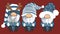 Group of hand drawn festive winter snowflake gnomes sitting on an isolated Christmas red background