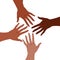 Group of hands of brown skin color reaching to each other