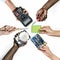 Group of hands holding computer electronics parts on white