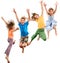 Group of happy barefeet cheerful sportive children jumping and dancing