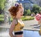 Group of happy Cheerleaders enjoy jogging through the fountain