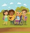 A Group of Happy Children with books and pet learning and playing together. Handicapped Kid in a wheelchair. School Scene Outdoors