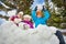 Group of happy children hold snowballs to play