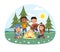 Group of happy children seated round a campfire