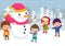 Group of happy children and snowman.