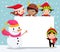Group of happy children and snowman.