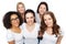 Group of happy different women in white t-shirts