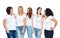 Group of happy different women in white t-shirts