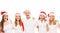 A group of happy and emotional teenagers in Christmas hats isolated on white