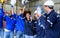 Group of happy engineers workers team smiling and standing at factory