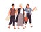 Group of happy female friends shopping vector flat illustration. Smiling woman buyers with packages walking and talking