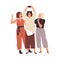 Group of happy female friends taking selfie use smartphone vector flat illustration. Smiling trendy woman photographing