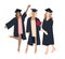 A group of happy female students in academic gowns, dresses and academic caps. High school graduation. Vector