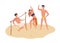 Group of happy friends dancing limbo on sand vector flat illustration. Smiling man and woman in swimsuits pass under bar