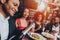 Group Happy Friends Enjoying Dating in Restaurant
