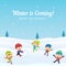 Group of happy kids enjoy playing snowball with friends in winter season vector background illustration. Holiday greeting card,