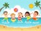 Group of happy kids having fun and splashing on the beach