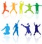 Group of happy school active children silhouette jumping dancing playing running healthy kids child kid kinder action youth play