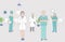 Group of happy smiling medical workers standing together indoor vector cartoon outline illustration.