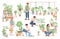Group of happy young people taking care of home plants vector flat illustration. Agriculture gardener hobby concept.