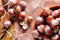 Group of hazelnuts on a wooden table top view