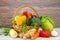 Group Healthy assorted fresh vegetable in a wooden basket