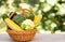 Group Healthy assorted fresh vegetable in a wooden basket