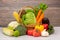 Group Healthy assorted fresh vegetable in a wooden basket,