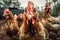 A group of hens and roosters looks at the camera. Generative AI