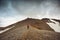 Group of hiker hiking on top of the mountain in Icelandic highlands on Blahnjukur trail at Landmannalaugar, Iceland