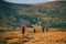 Group of hikers in the mountains, view of Carpathians mountains