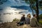 Group of hikers resting on the Path of Gods trail on Amalfi Cost, Italy