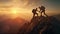 Group of hikers at sunset mountain. Young people on mountain hike at sunrise. They holding hands and helping each other