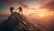 Group of hikers at sunset mountain. Young people on mountain hike at sunrise. They holding hands and helping each other