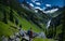 Group of hikers trekking through a moutain trail, surrounded by towering peaks and verdant valleys and waterfall