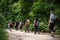 Group of hikers walks the path inside the woods