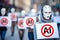 Group holding anti-AI signs in humanoid robot masks