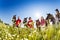 Group of horseback riders in flowery meadow