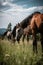 A group of horses grazing in a meadow, highlighting their social nature and connection to nature AI generated