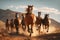 Group of horses running gallop in the desert. Generative AI