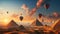 a group of hot air balloons flying over a desert landscape. generative ai